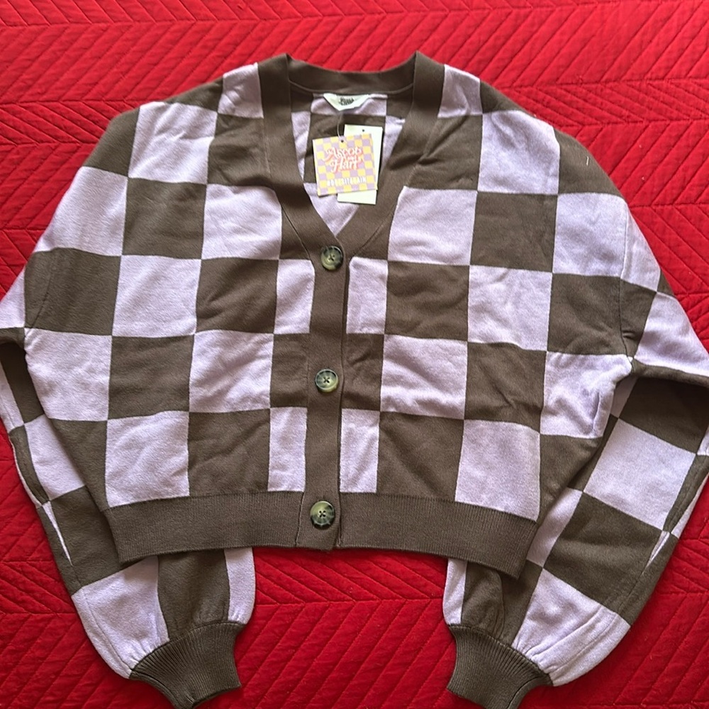 Checker puff sleeve sweater